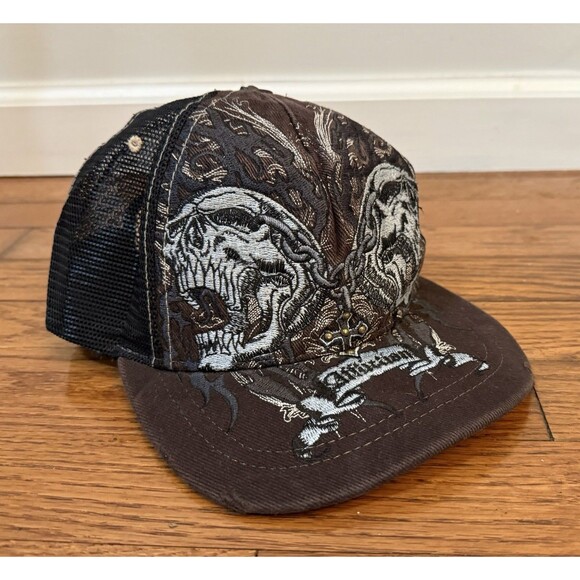Vintage Affliction Double Skull Chain Cross Trucker Snapback Hat Brown One Size - Picture 2 of 11